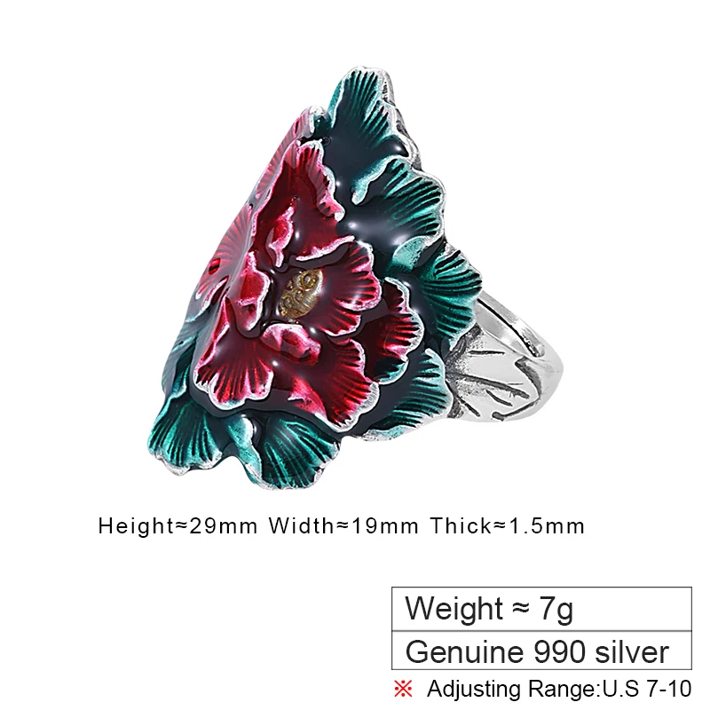 Кольцо ZABRA из стерлингового серебра 990 эмалированное кольцо с пионом для женщин