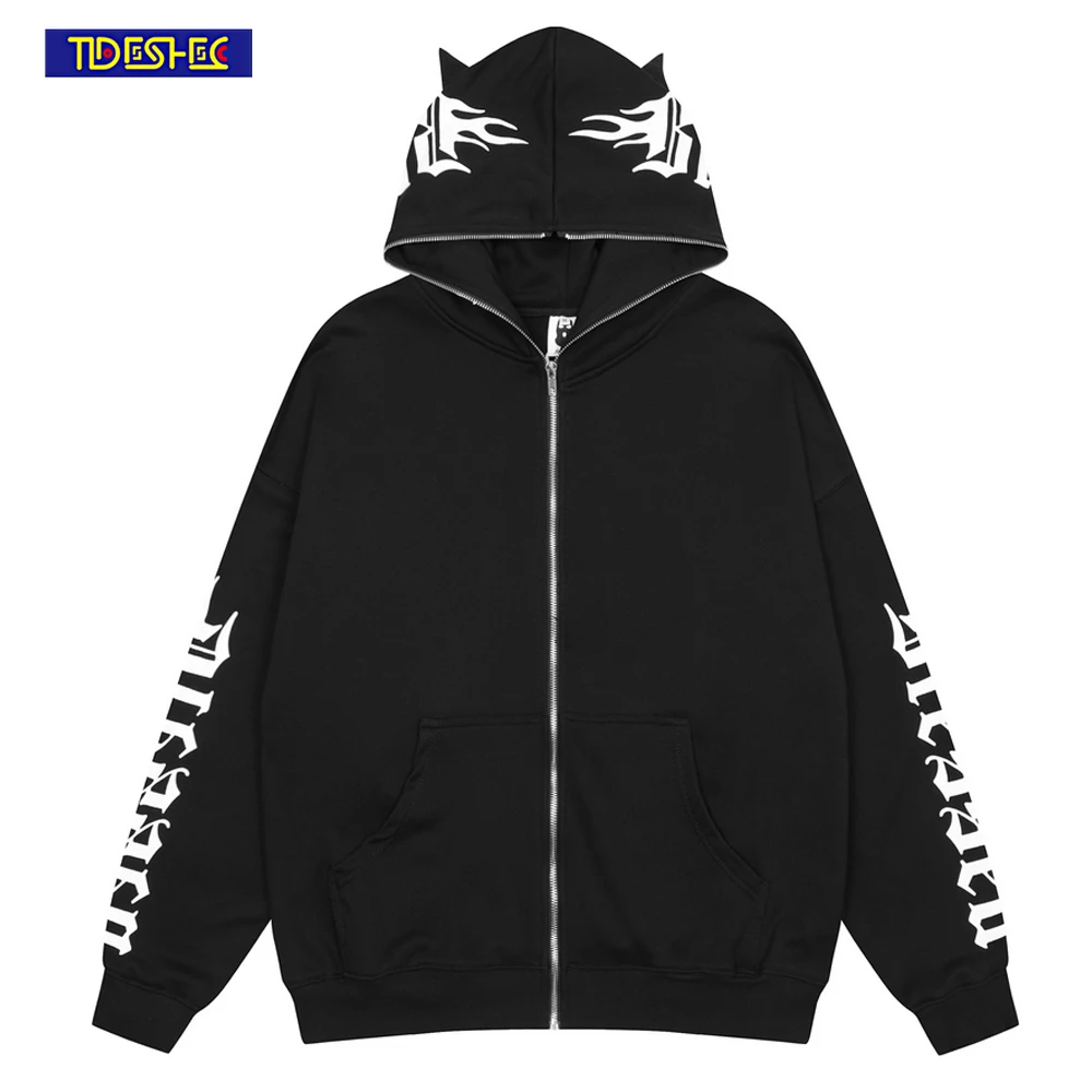 

2022 Men's Devil Horn Hat Design Letter Print Autumn Jacket Hip Hop Streetwear Hoodie Zip Casual Loose Jacket Sweatshirt