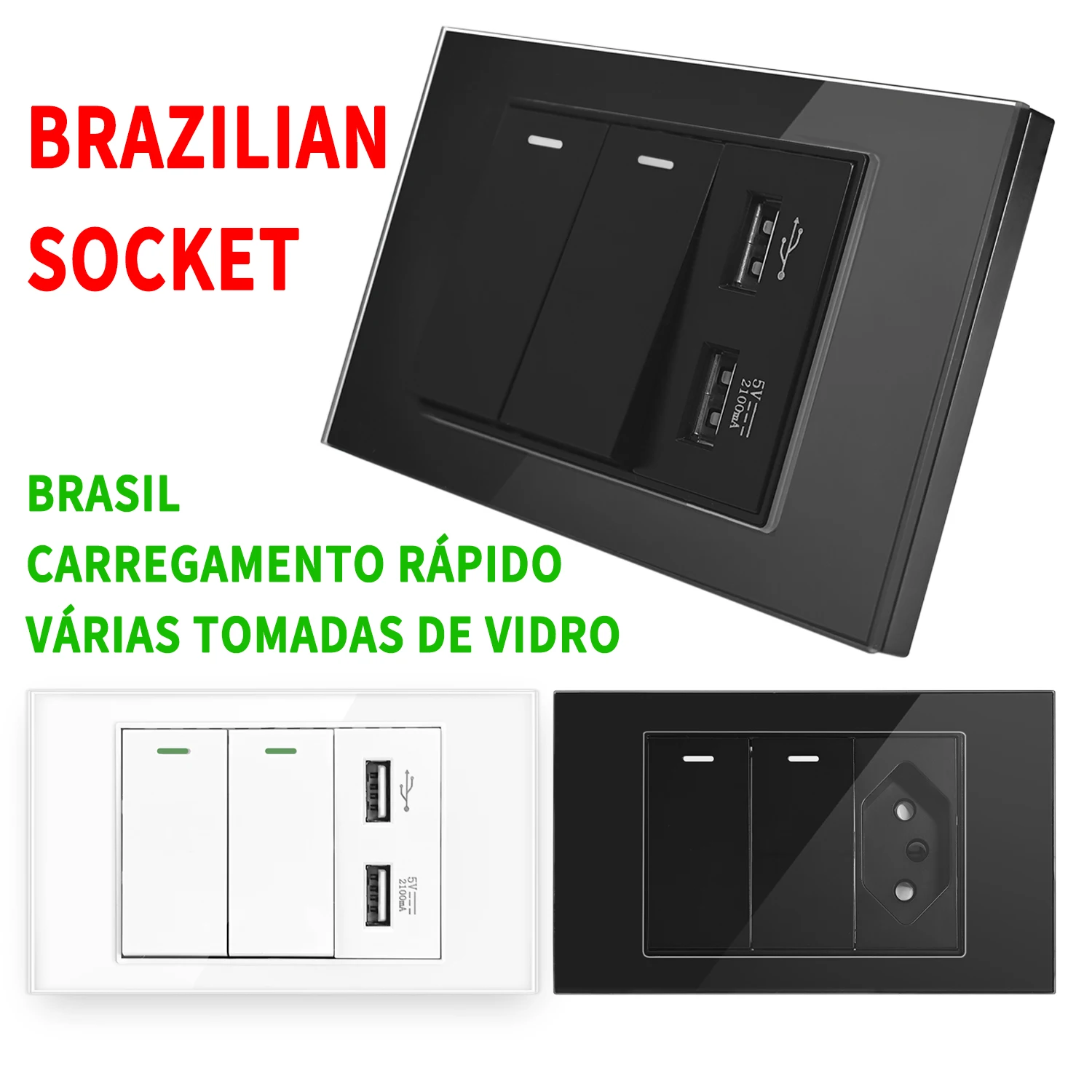 Brazil Socket Wall Switch USB Output Various Combinations AC 110V-240V10A Fireproof Material  Luxury Tempered Glass Panel Office