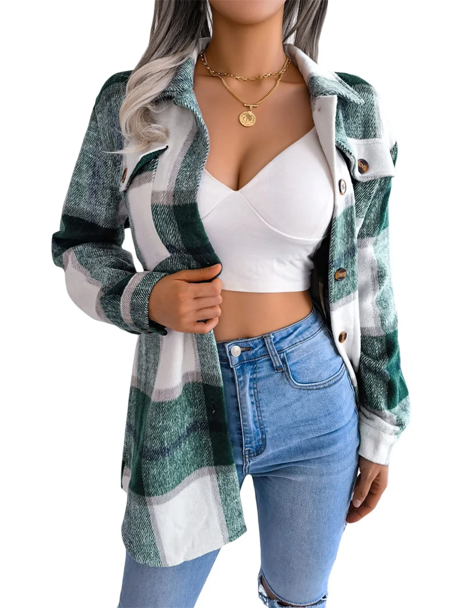 

Женская клетчатая куртка с отложным воротником и длинным рукавом