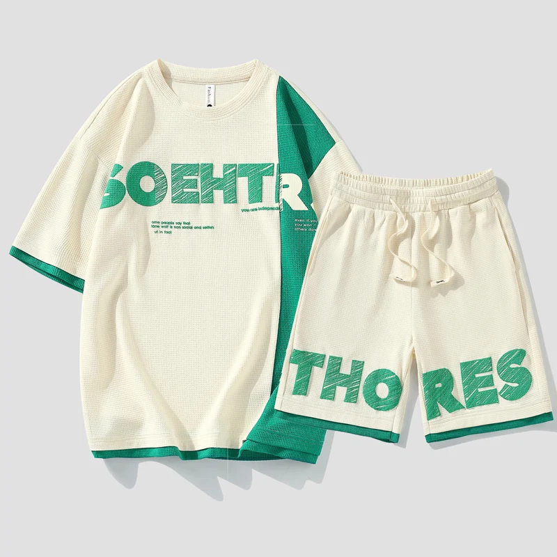 Short-Sleeved T-shirt Men and Teenagers Summer Fashion Brand Waffle Student Clothes Matching Handsome Casual Sports Suit