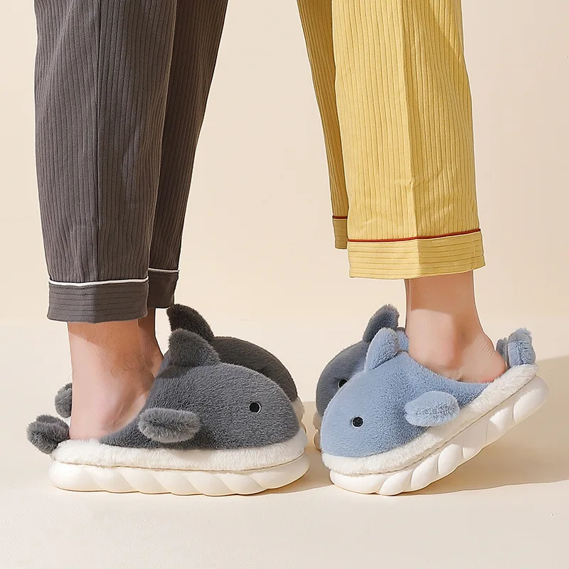 Shevalues Warm Winter Women Plush Slippers Cartoon Shark Cotton Slippers With Fur Thick Bottom Non-slip Outdoor Home Men's Shoes