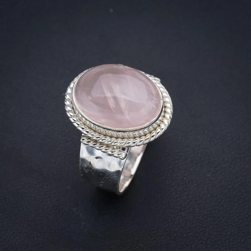 

StarGems Natural Rose Quartz Hammered Handmade 925 Sterling Silver Ring 10 F1782