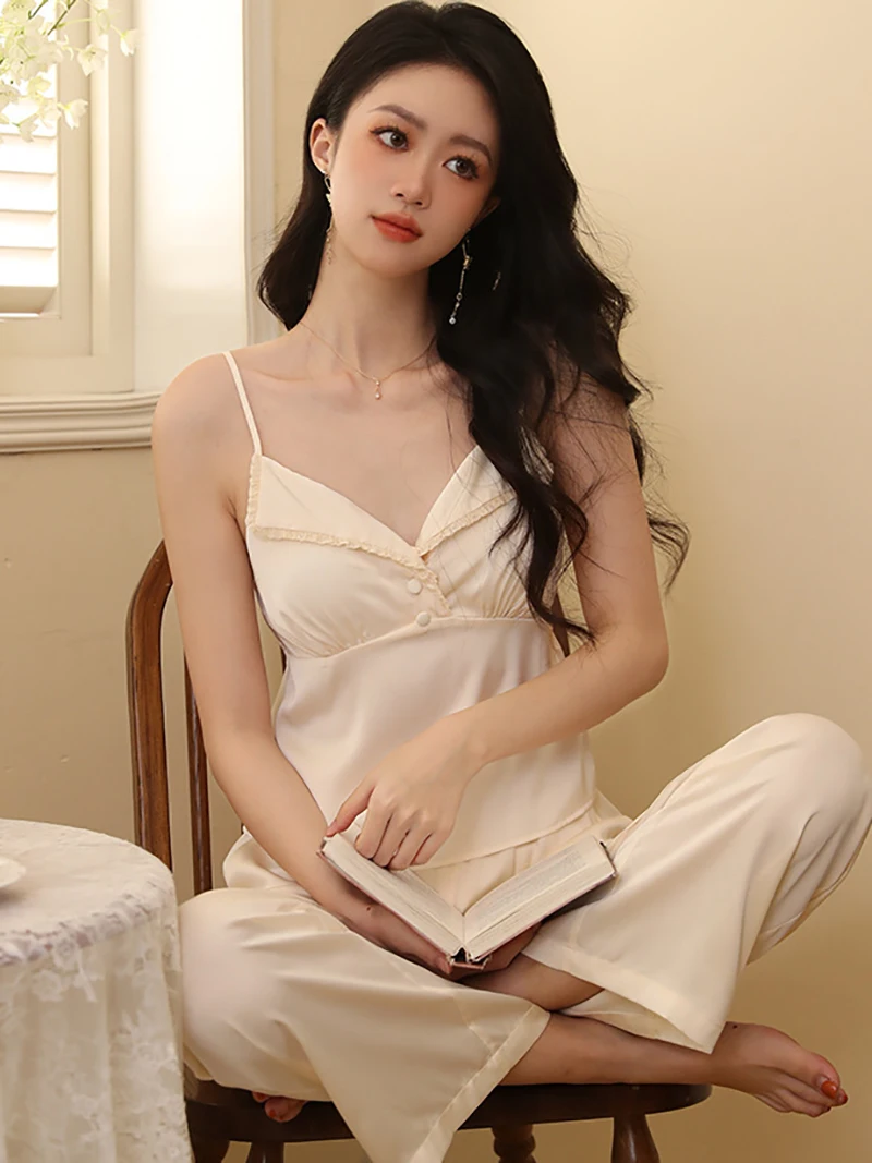 Women French Spring Summer Long Sleeve Silk Top Pants Pajamas Three Piece Pantsuits Fairy Lace Sleepwear Victorian Nightgowns