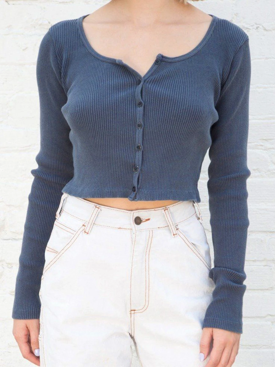 

Винтажный однотонный укороченный топ в рубчик, женские летние повседневные футболки 2022 с круглым вырезом и длинным рукавом, Женские Класси...