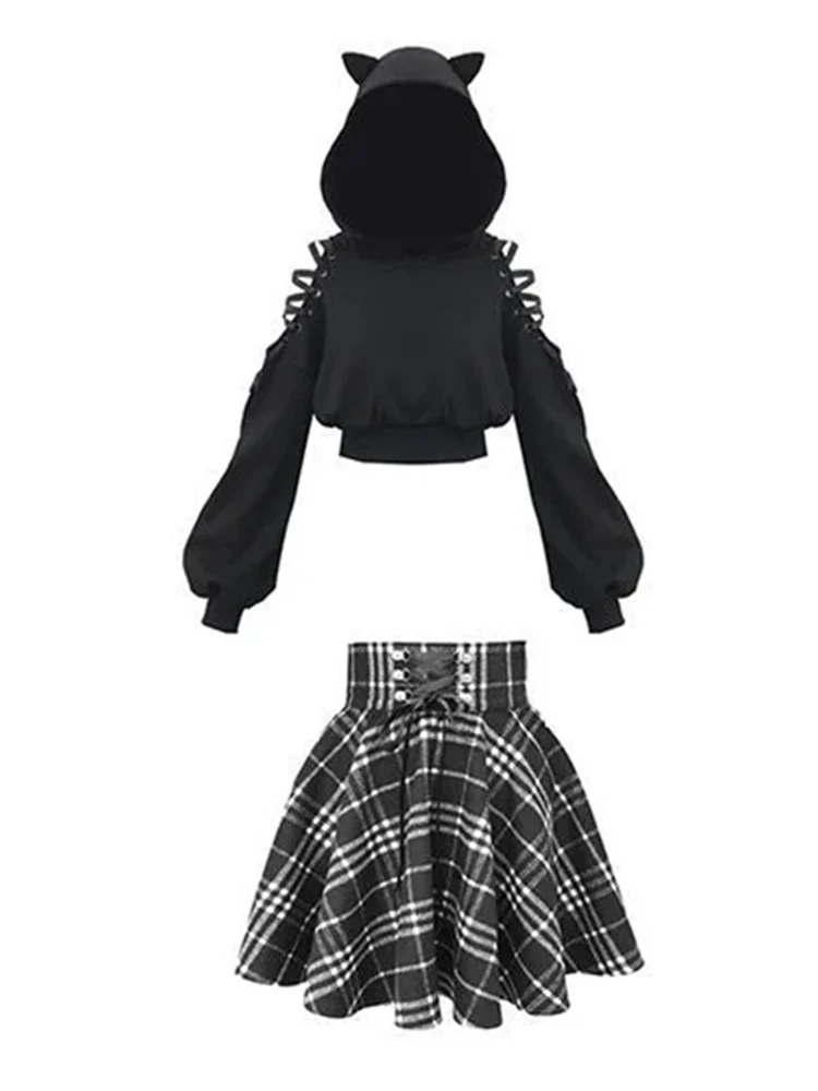 

Summer Spring Streetwear 2 Piece Pleated Skirt Suit Harajuku Loose Hollow Out Hoodies Shirt+Mini A-Line High Waist Skirt