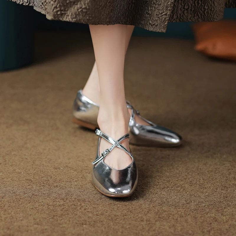 Genuine Leather Silver Flats Women Soft Comfortable Mary Janes Shoes Girls 2022 Autumn New Shallow Slip on Beige Zapatos Mujer