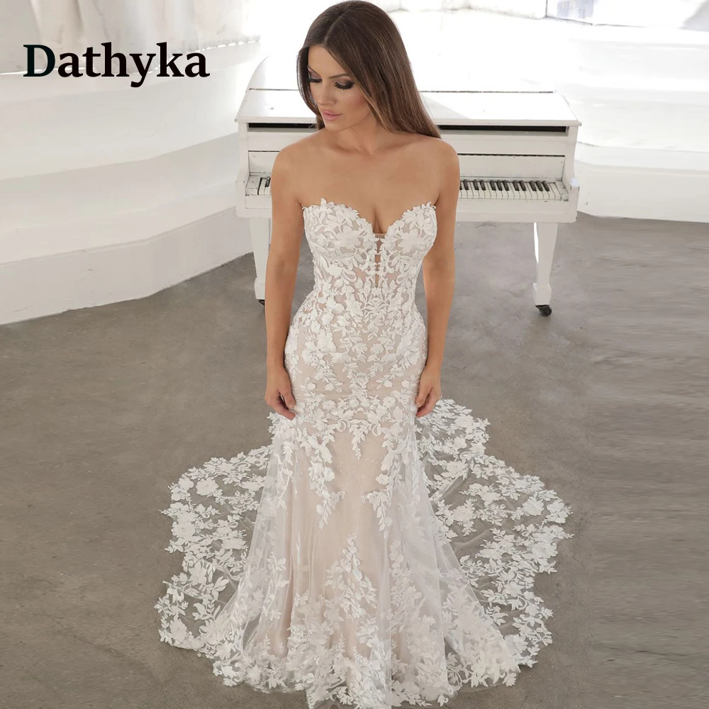 

Dathyka Gorgeous Sweetheart Trumpet Wedding Gown For Bride Sleeveless Appliques Wedding Dress Abito Da Sposa Customer Made