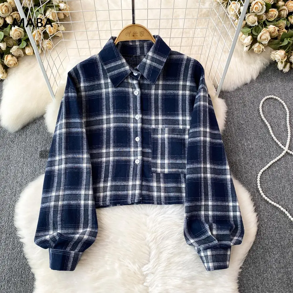 

2023 Autumn Women Vintage Plaid Shirts Blouses Girl Polo Neck Long Sleeve Loose Casual Korean Short Shirt Top