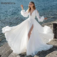roddrsya beach split long puffy sleeve wedding gowns chiffon high slit bride dresses v neck open back flowy robe de mari%c3%a9e