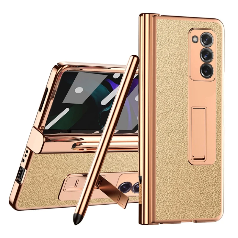 

for Samsung Z Fold 2 Case With S Pen Stylus Leather Pattern Plating All-Inclusive Hinge Protection Cover for Galaxy Z Fold 2
