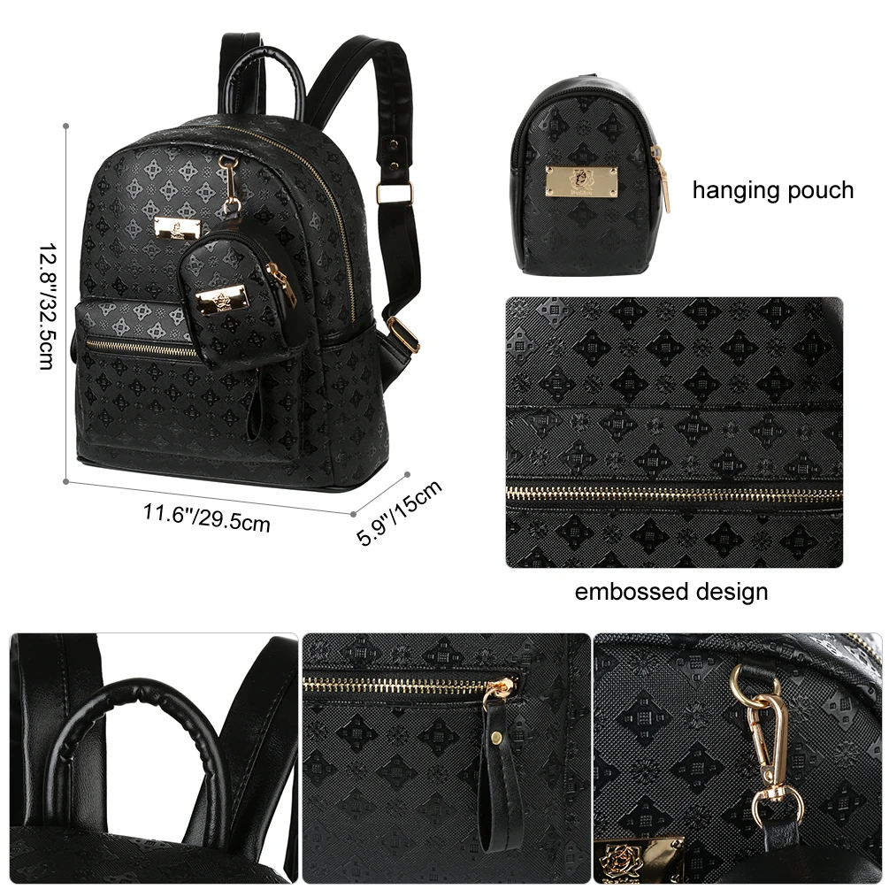 Women Backpack 2 in 1 PU Leather Shoulders Bag Chic School Bags Portable Travel Daypack with Hanging Pouch, Black