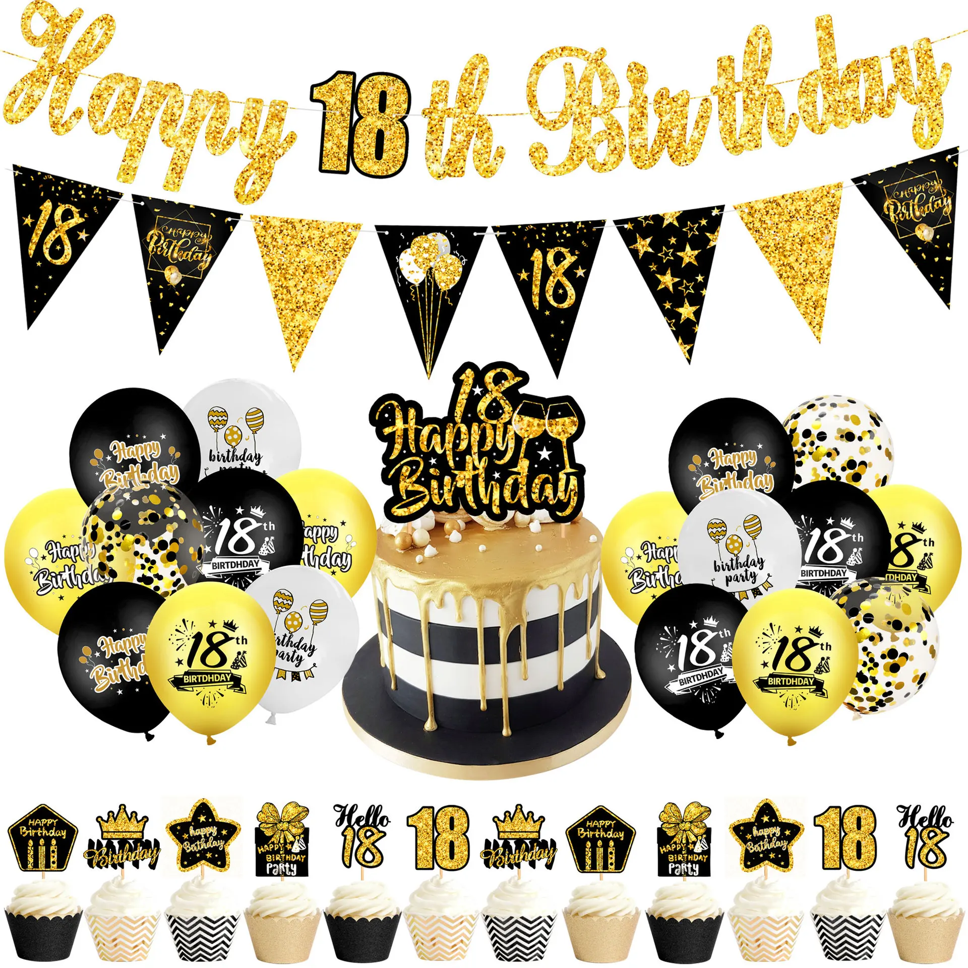 

Black Gold Birthday Supplies Accessories 18 30 40 50 Happy Birthday Letters Pull Flag Banner Latex Sequin Balloon Party Set