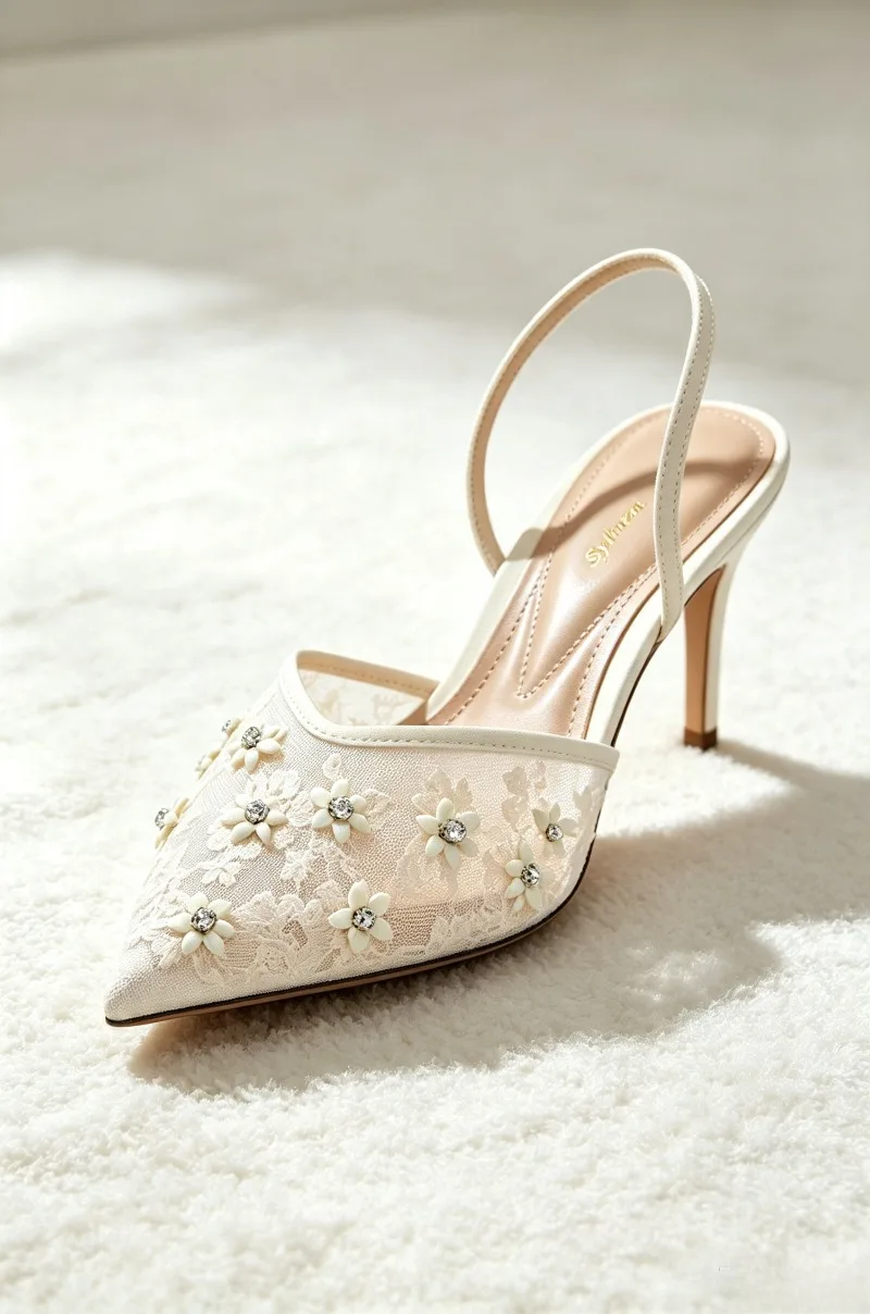 Фото Роскошные женские туфли-лодочки с вышивкой сеткой и кристаллами, модные туфли с острым носком и ремешком на пятке, элегантные свадебные туфли для невесты №2