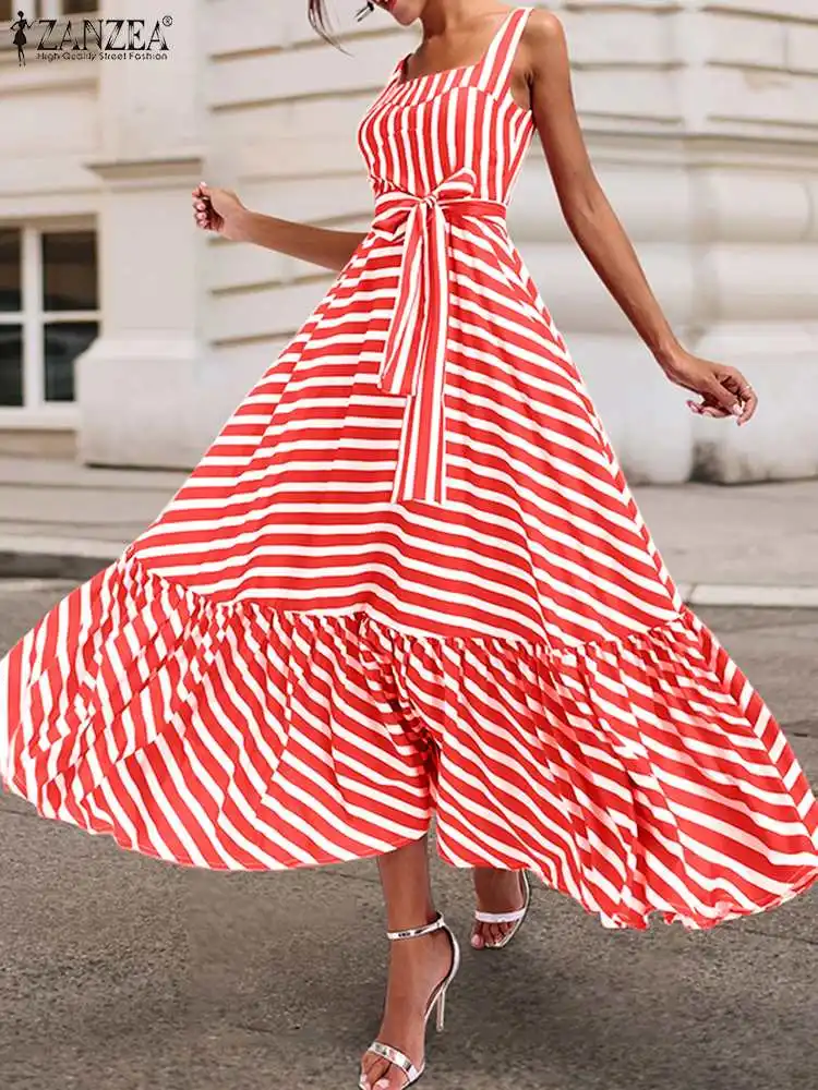 

Casual Sleeveless Straps Vestidos 2022 Fashion Striped Printed Sundress Women ZANZEA Elegant Lace Up Kaftan Holiday Club Dress