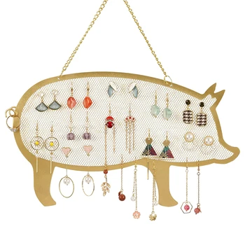 Pig Shaped Hanging Jewelry Organizer Wall Mount Earring Display Holder for Earrings Necklaces Bracelets Rings Golden
