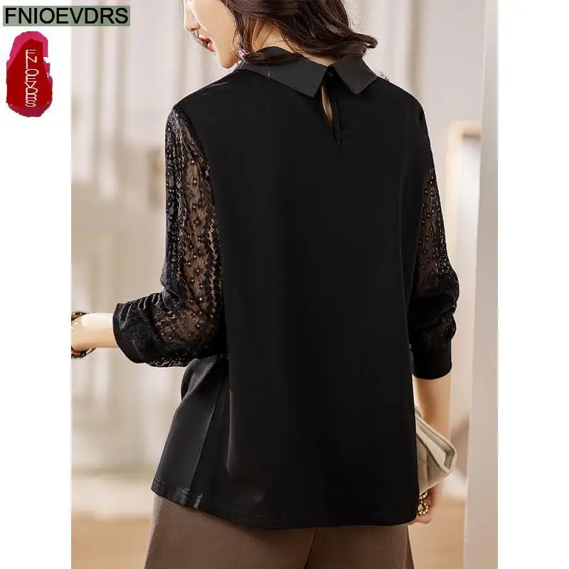 Женская винтажная блузка в стиле ретро Элегантная черная кружевная с воротником
