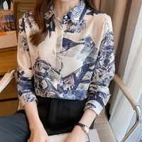 loose lapel shirt summer korean fashion long sleeve top chiffon print casual women blouses houthion