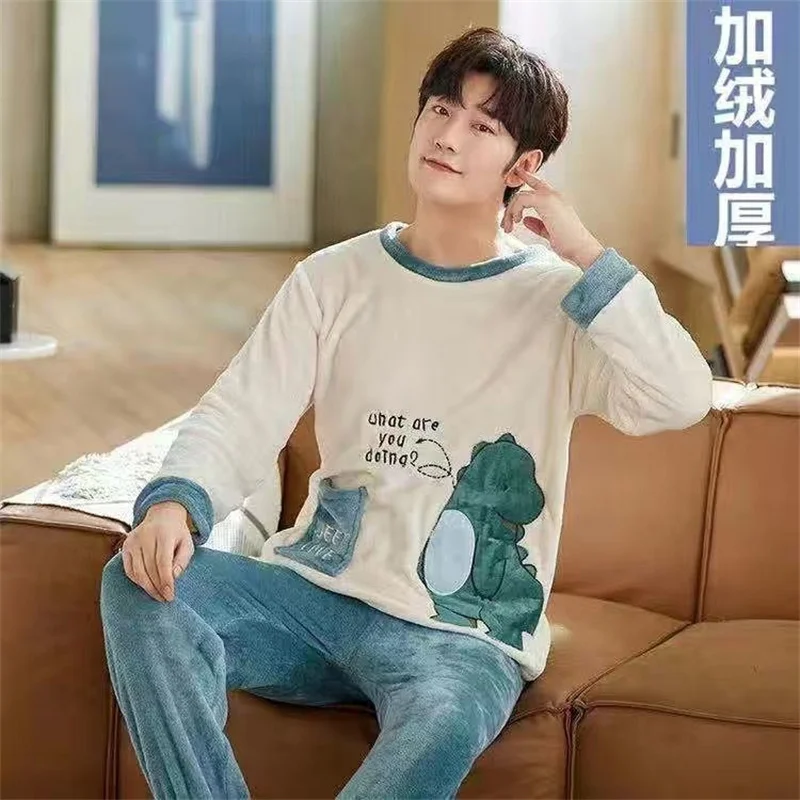 Pajamas Set Man Casual Sleepwear Thick Flannel Cartoon Full Length Pyjama Women's Winter Warm Fashion Homewear Big Siz