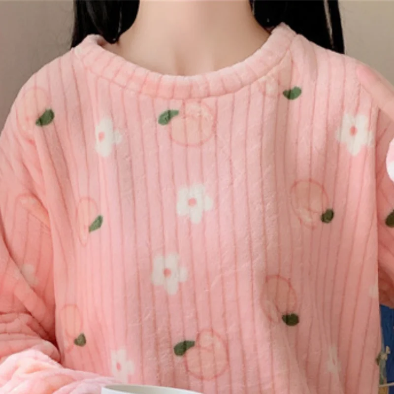 Ladies Pajama Sets Thicken Autumn And Winter Keep Warm Nightgown Comfortable Soft Sleepwear Suit Cute Style Pocket Design