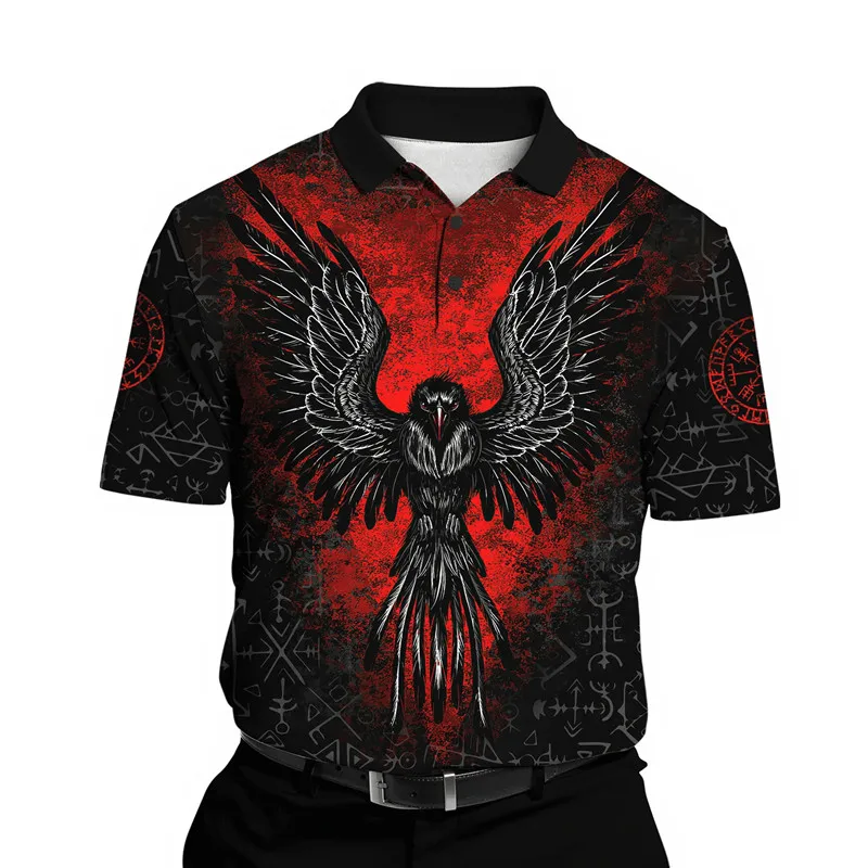 Fashion Viking Raven Odin Tattoo 3D Full body Print Men's Polo T-shirt Casual Polo Short Sleeve Shirt