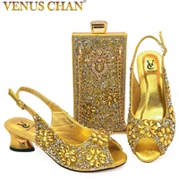 luxury golden color rhinestone italian style fashion style shoes matching bag banquet shoes bags nigeria ladies shoes and bags