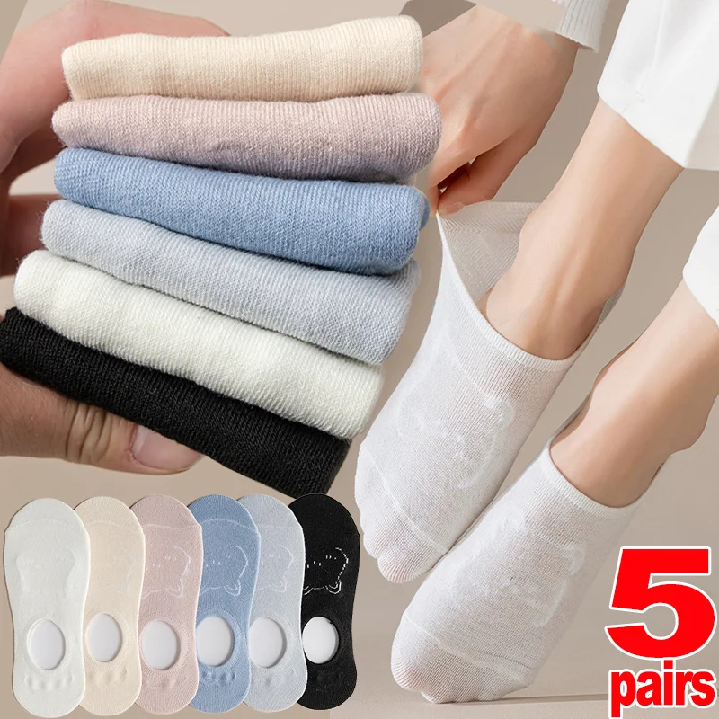 

5pairs Cotton Boat Socks Thin Summer Breathable Knitted Sox Invisible Shallow Cut Boat Sock Cute Cotton Bear Women Sock Slipper