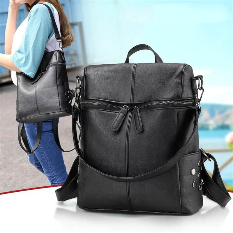 

Backpack for Women PU Leather Bagpack to School Mochilas Casual Large Schoolbag For Teenagers Girls Fashion Rucksack Pink Black