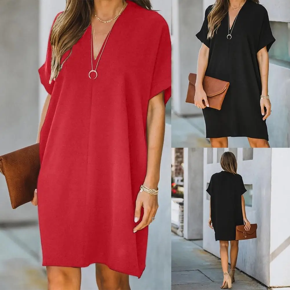 

Women Casual V Neck Short Sleeve Solid Color Loose Knee-Length Office Dress Elegant Party Dress Vestidos Large Size Hot Sale