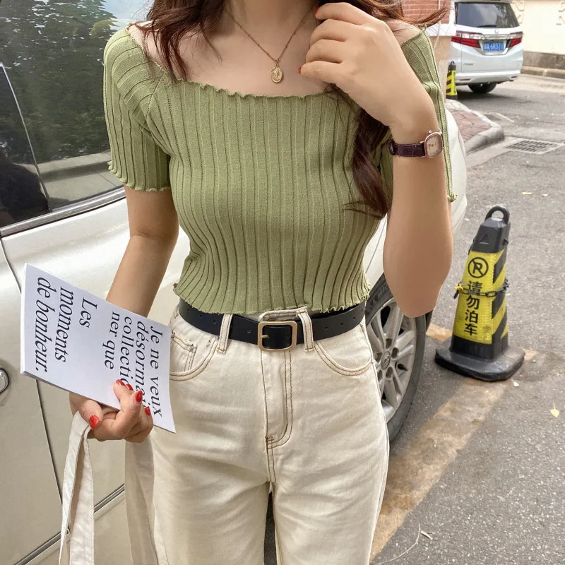 

Короткий белый топ, летняя Корейская версия футболки на одно плечо с коротким рукавом, трикотажная одежда, новинка