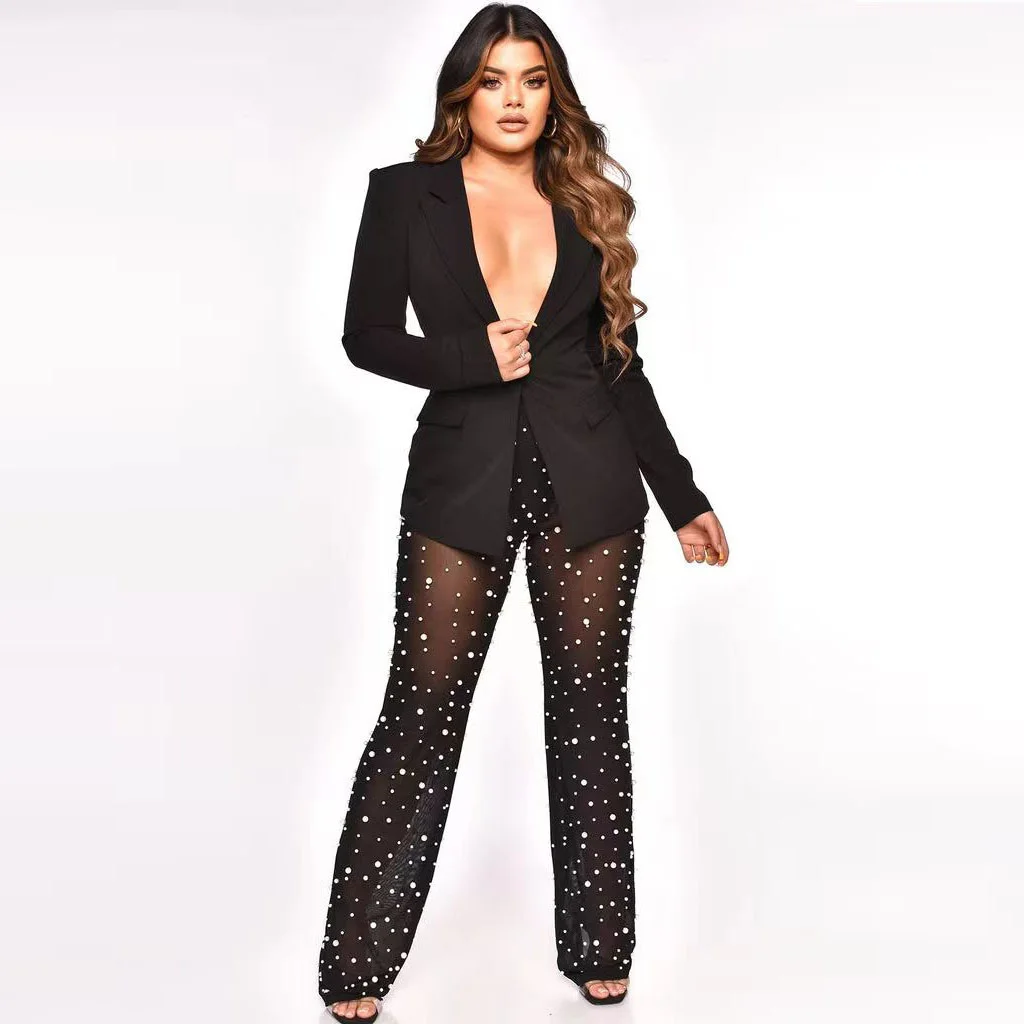 

New Women's Fashion Solid Mesh Beaded Suit Long Sleeve Pocket Button Perspective Set