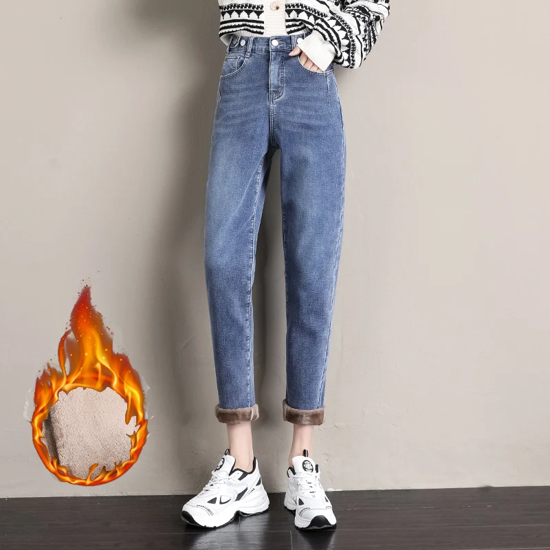 

Women Winter Snow Warm Thicken Lined Stretch Jeans High Waist Fleece Mom Jeans Baggy Vintage Wide Leg Harem Denim Pants Trousers