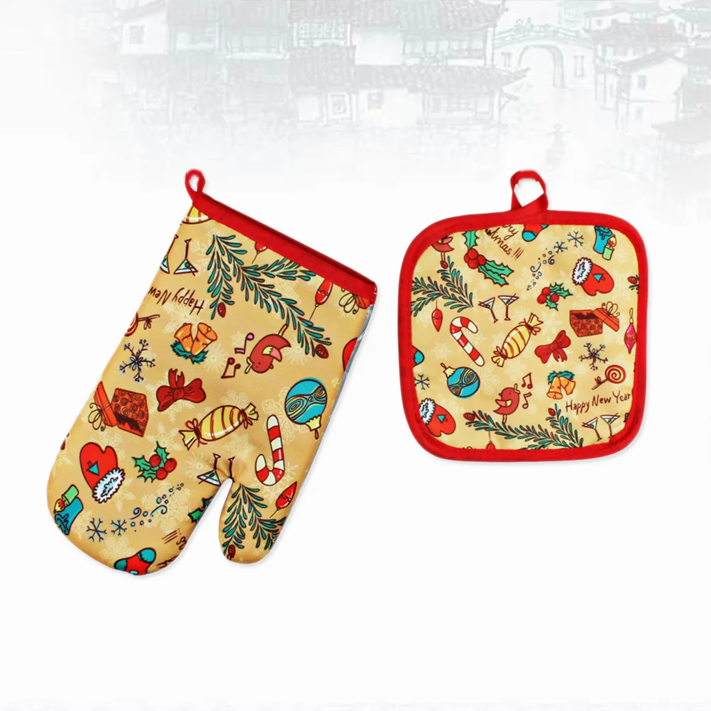 

Cartoon Christmas Insulation Pad Oven Mitts for Kitchen 2pcs Microwave Glove Mat Set