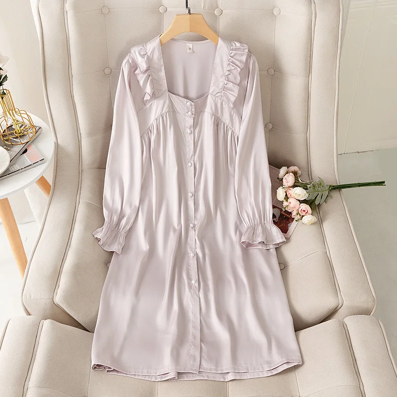 

Femme Palace Style Sleep Shirt With Preal Buttons Square Neck Satin Nightdress Summer Fungus Side Nightgown Sexy Dressing Gown