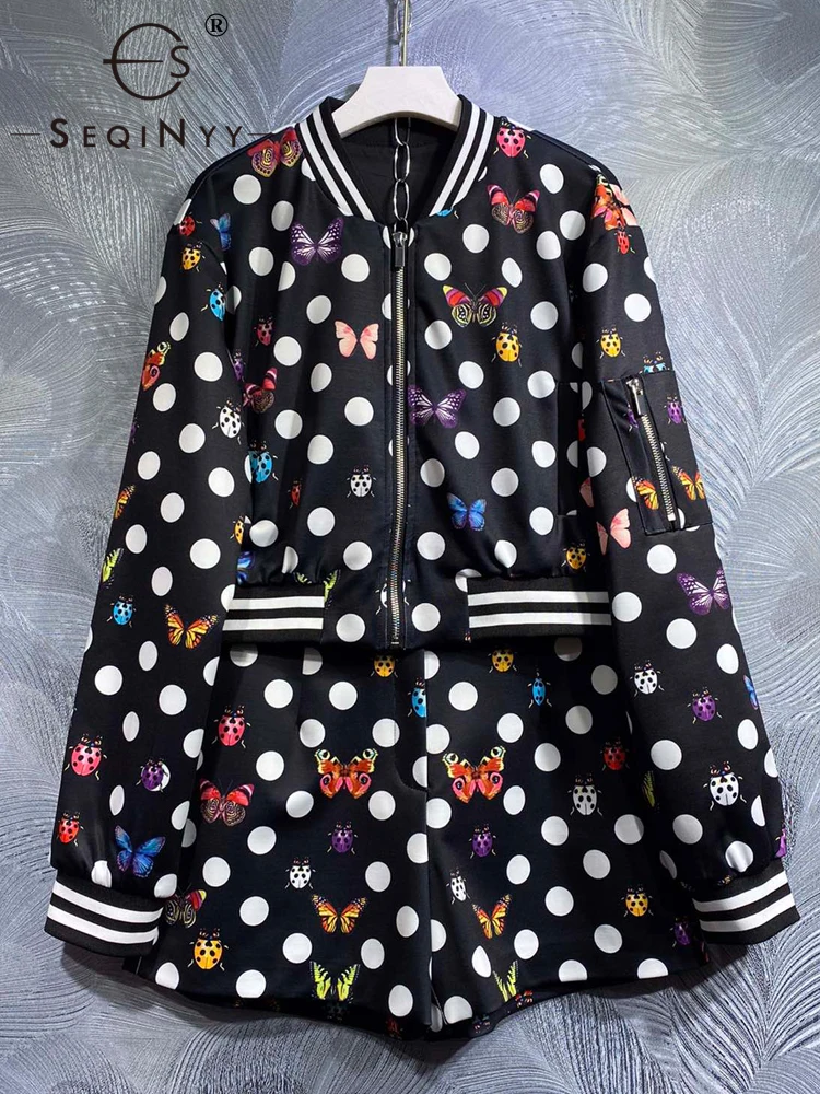 

SEQINYY черный костюм весна осень новый модный дизайн женская подиумная куртка + шорты винтажный горошек красочный принт бабочки Сицилия