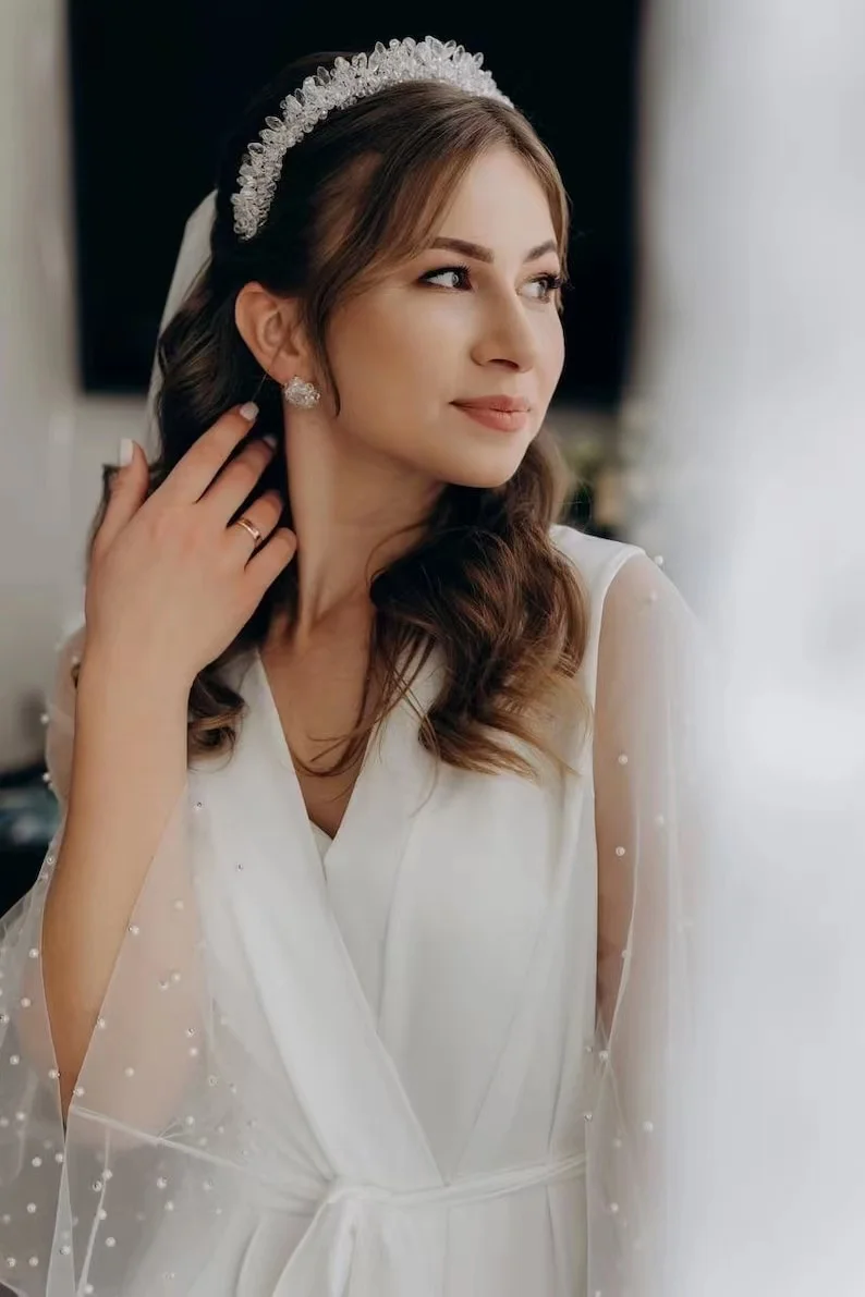 Pearl Robes For Bride And Ladies Summer Wedding Dress Sheer Sleeve White Bridal Silk Satin Pajamas Women's Luxury Bride to Be