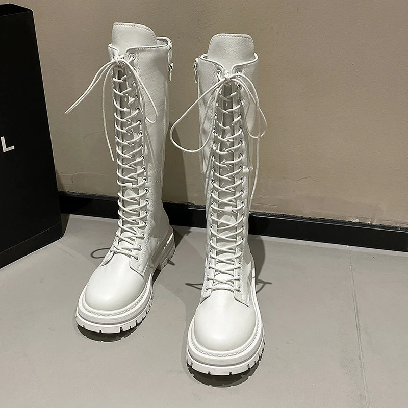 

Зимние высокие рыцарские ботинки со шнуровкой обувь из искусственной кожи для женщин 2024 женские ботинки на толстой подошве в Корейском стиле с квадратным каблуком для женщин