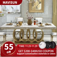 Post-Modern Marble Top-Grade Dining Table And Chairs Combination Stainless Steel Top Crown Apartment Golden Carved Furniture