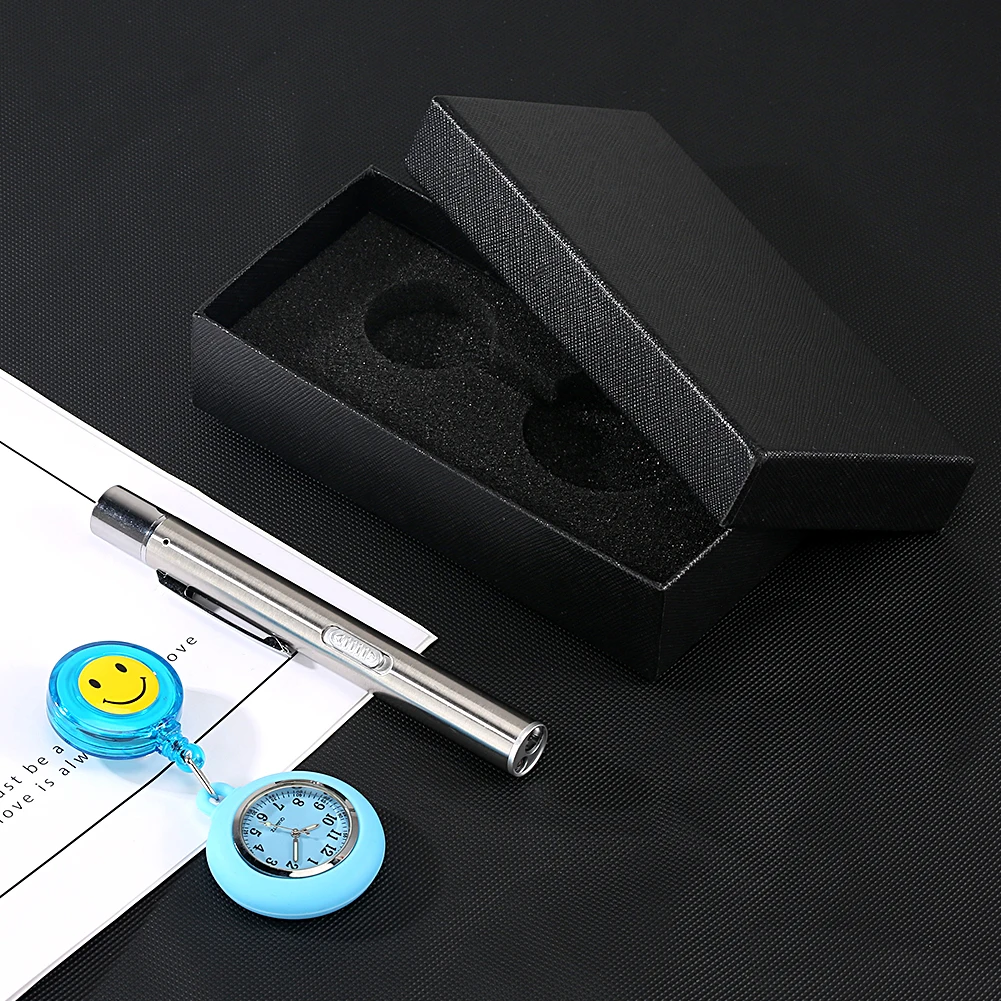 2PCS Nurse Watch Set with Clip-on Cute Smiling Brooch Pendant Hanging Pocket Watch Medical Led Flashlight Penlight for Doctor