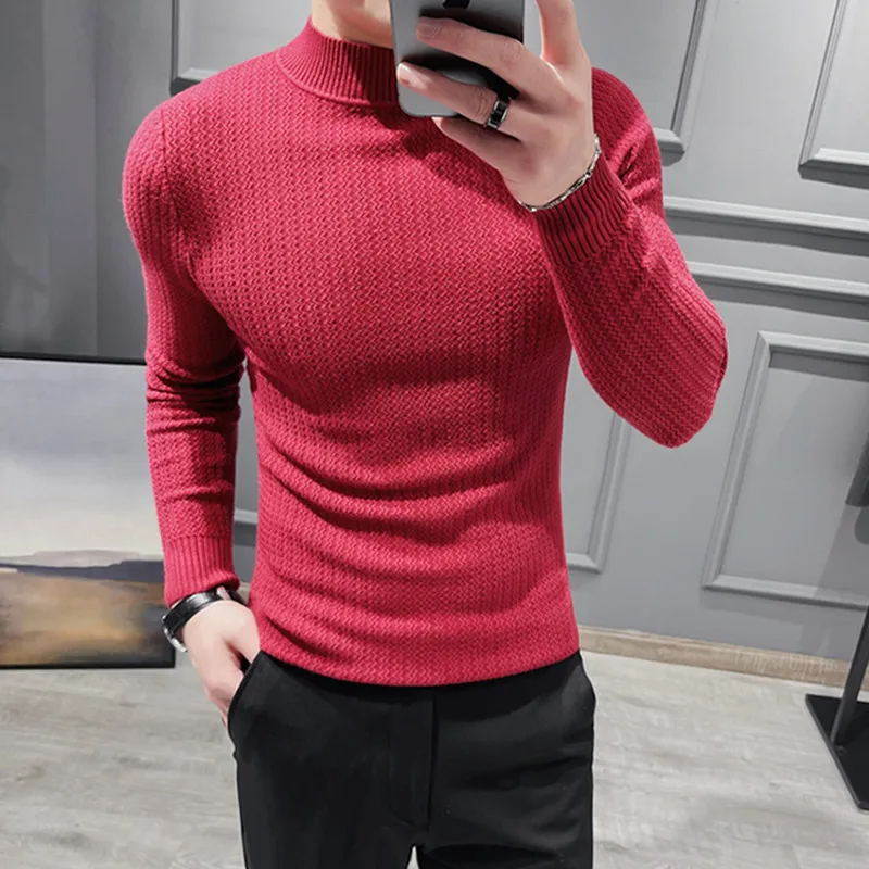 2022 Winter Half Turtleneck Sweater Men's Knitted Pullover Slim Solid Color Wool Knitwear Green Long-sleeved Top
