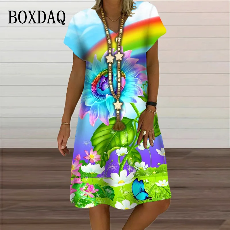 

Женский сарафан с коротким рукавом, Радужное свободное платье с V-образным вырезом и мультяшным 3D-принтом бабочки, летний сарафан с коротким рукавом