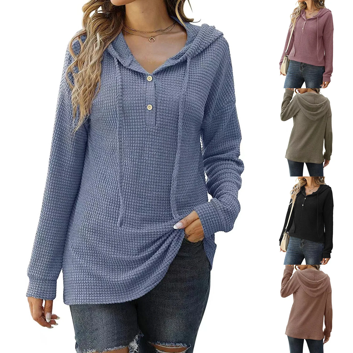 

Autumn and Winter 2022 New Women's Loose Sweater Long Sleeve Button Hooded Sweater
