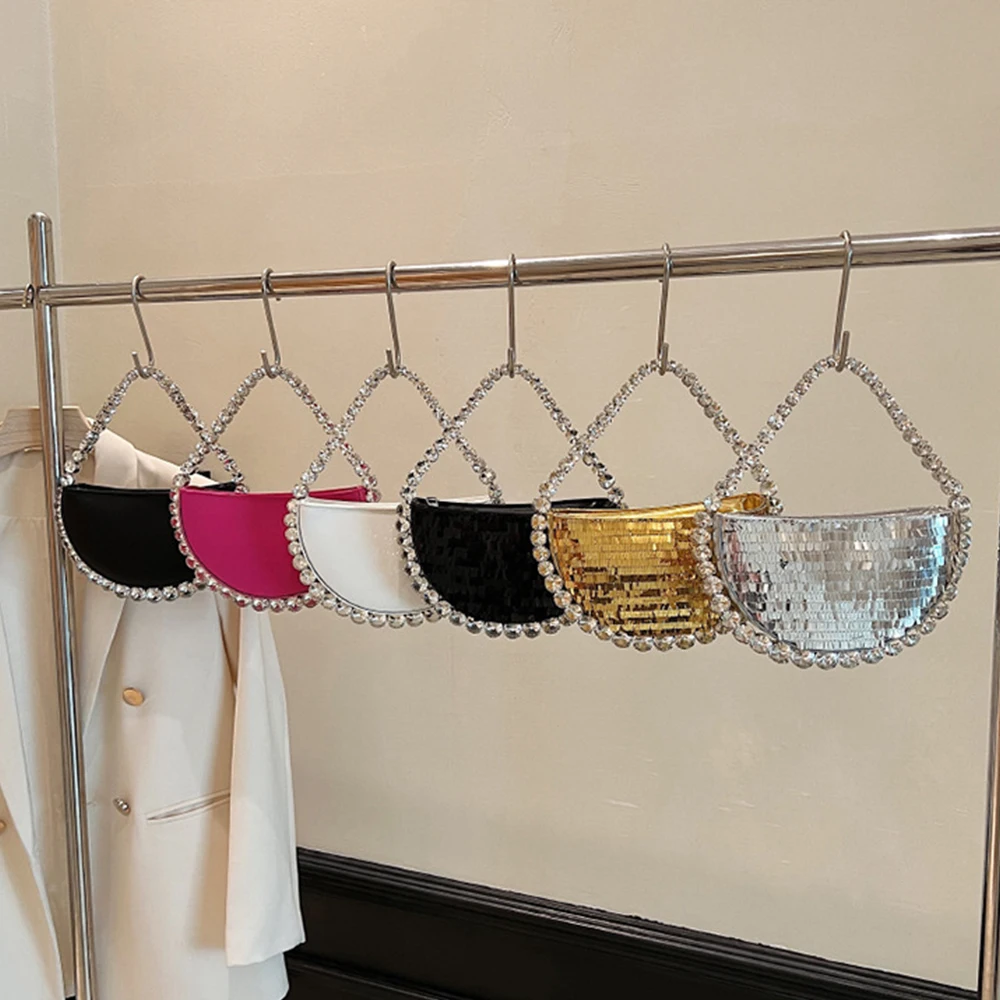 Sequined Evening Bags for Women Luxury Diamonds Handle Women Handbag Mini Half Moon Shoulder Bag Fashion Designer Bag Clutch New