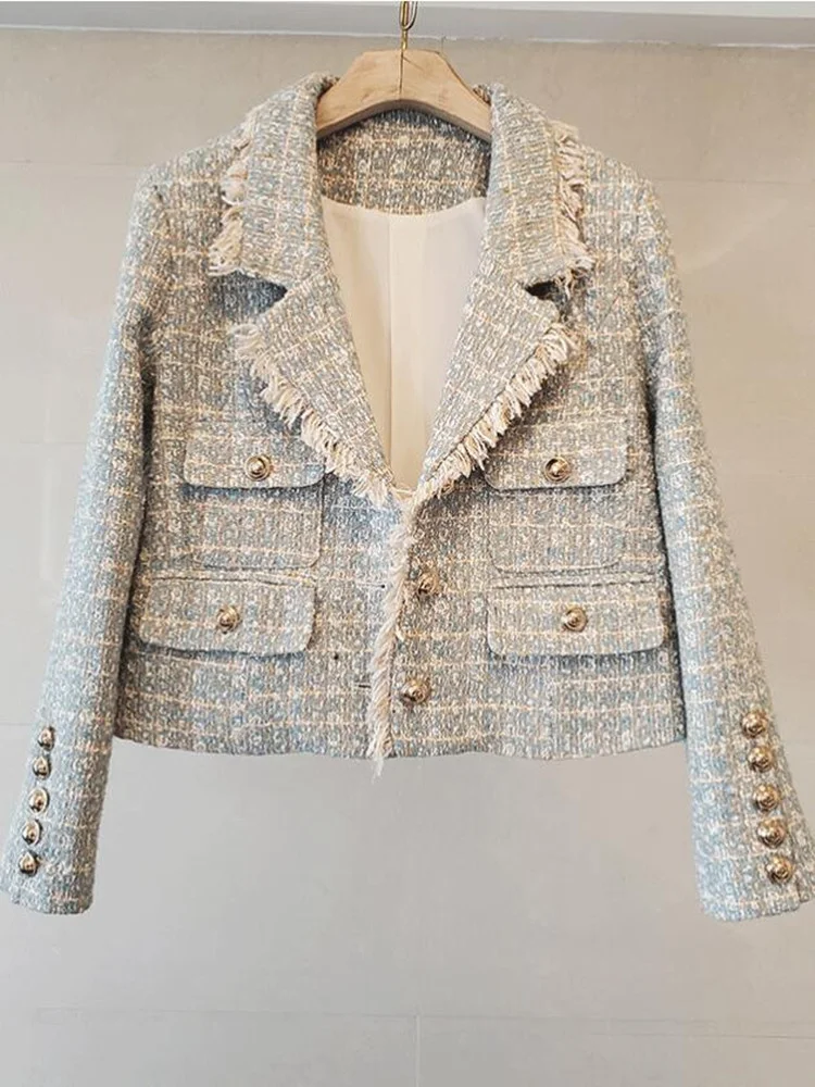 Женское твидовое короткое пальто однобортное Свободное в клетку во французском