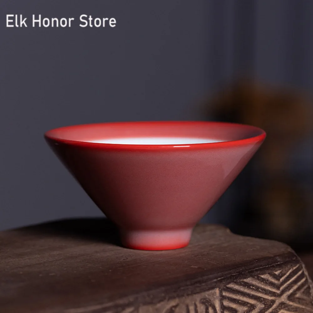 

95ml Boutique Longquan Celadon Teacup Handmade Red Galze Ceramic Master Cup Women's Hat Cone Tea Bowl Kung Fu Teaware Gift Box