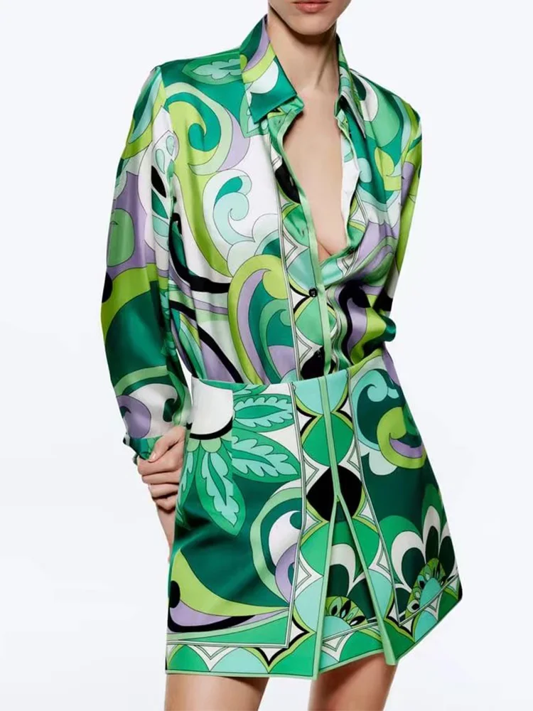

2 Pieces Set Blouses Skirts Green Print 2022 Summer Button Up Long Sleeve Shirts High Waist Mini Skirts Fashion Blouses Set