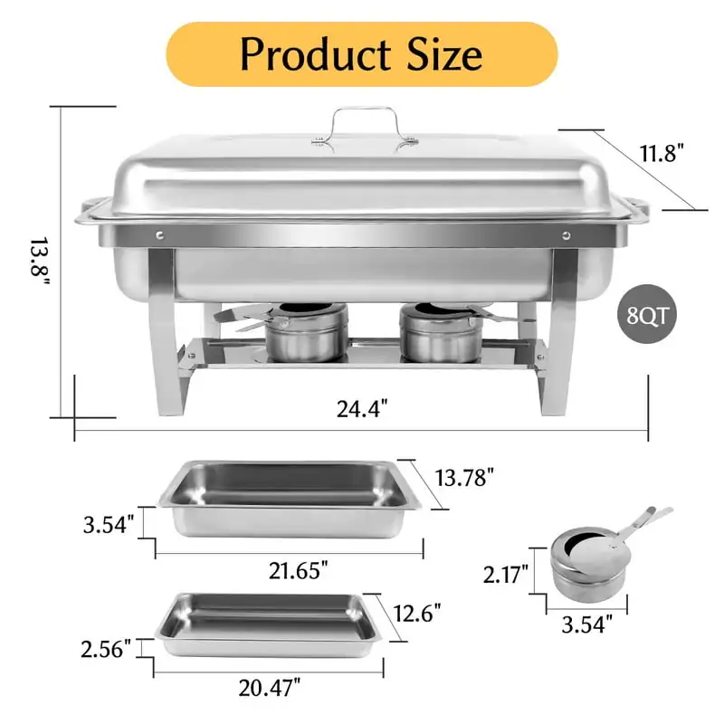 Pack 8QT Chafing Dish Buffet Set, Stainless Steel Food Warmer Set, Rectangular Buffet Server with Tongs & Spoons for Parties, Ca