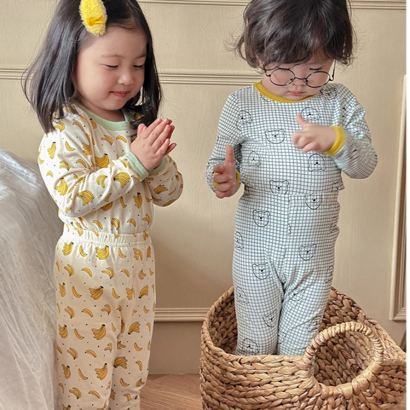 

Winter New Kids Pajamas Set Korean Baby Night Clothes Long Sleeve Bear Floral Sleepwear Cotton Homewear Children Underwear Sets