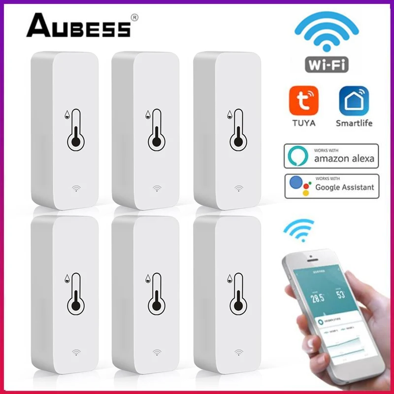 

Умный Wi-Fi датчик температуры и влажности Aubess Tuya, комнатный гигрометр-контроллер, мониторинг в режиме реального времени для Alexa Google Home
