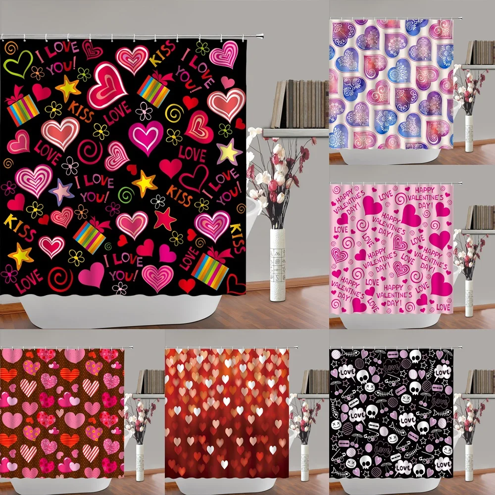 

Sweetheart Shower Curtain Set Pink Red Heart Valentines Day Bathroom Curtains with Hooks Waterproof Polyester Fabric Home Decor
